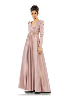 Mac Duggal Gown Dress Dusty Rose Long Sleeve Embellished Waist Evening Size 16